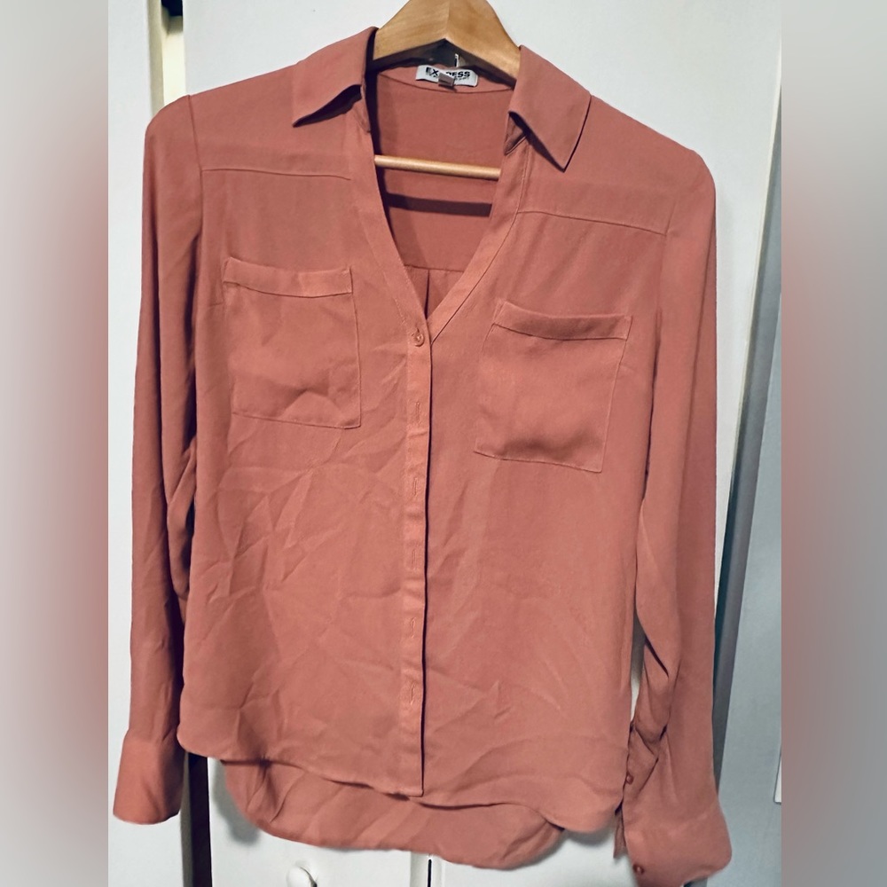 EXPRESS Portofino Slim Fit LS shirt- WOMEN SIZE XS- Mauve/ Salmon
